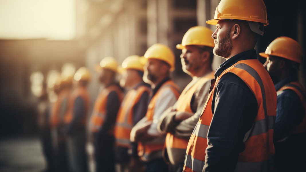 Construction workers line up at construction site with yellow safety hat and orange vest