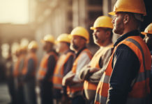 Construction workers line up at construction site with yellow safety hat and orange vest