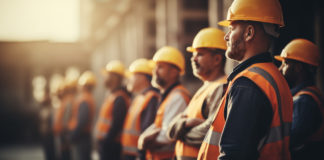 Construction workers line up at construction site with yellow safety hat and orange vest