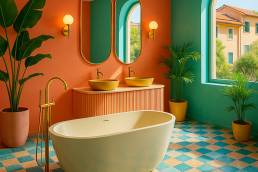 Showroom bagno luxury estivo con colori vivaci, vasca freestanding e doppio lavabo su sfondo mediterraneo