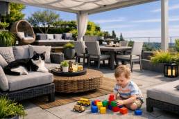 Terrazza arredata in modo moderno ed elegante, con un bimbo che gioca ed il gatto steso su una poltrona